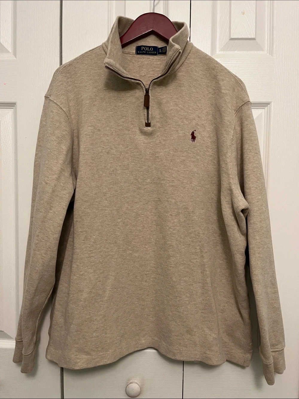 Polo by Ralph Lauren Mens Quarter-Zip Sweater Tan with Brown Pony